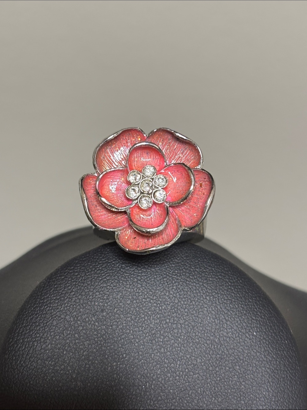 CG Pink Silver Enamel Flower Ring Watch Rhinestone WORKING Y2K Retro Adjustable